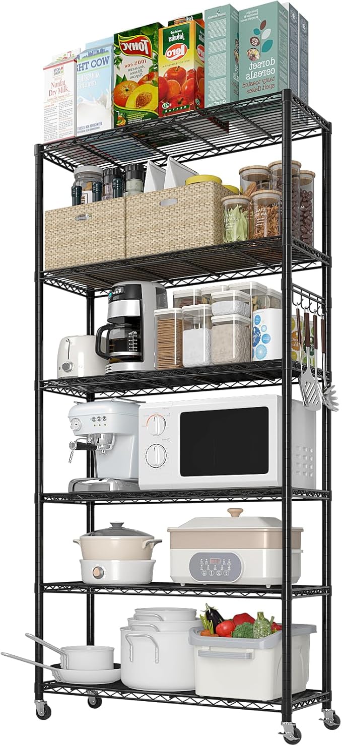 6 Tier Storage Racks Shelving, Heavy Steel Pantry Shelves, Adjustable Wire Shelving Rack with Wheels, Suitable for Garage, Kitchen, Bathroom, Office, 35" W x 16" D x 73" H, Black