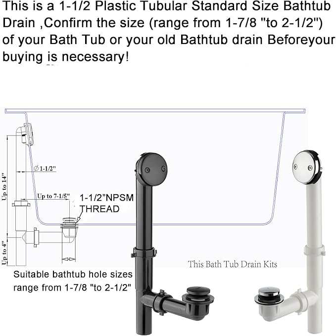 (1 Pack) Yariwiz 1-1/2" Matte Black Bathtub Tub Drain Kit Bath Waste Overflow Drain Tube Assembly with Touch-Toe Tub Drain Stopper and Overflow Faceplate Matte Black
