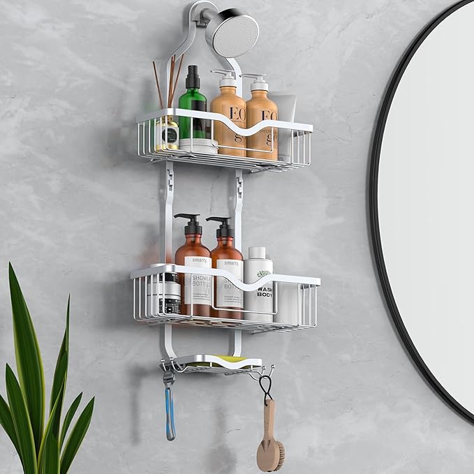 Kadolina Shower Caddy Hanging, Bathroom Shower Rack, Bathroom Organizer with Soap Dish, Over The Showerhead Caddy with Hooks for Razor/Sponge, Bright Silver (Assembly Required)