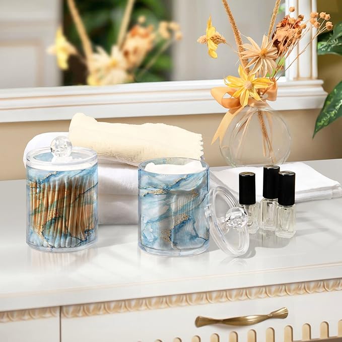 MNSRUU 4 Pack Qtip Holder Organizer Dispenser Sky Blue Marble Bathroom Containers Bathroom Vanity Storage Canister Apothecary Jars for Cotton Swabs/Pads/Floss