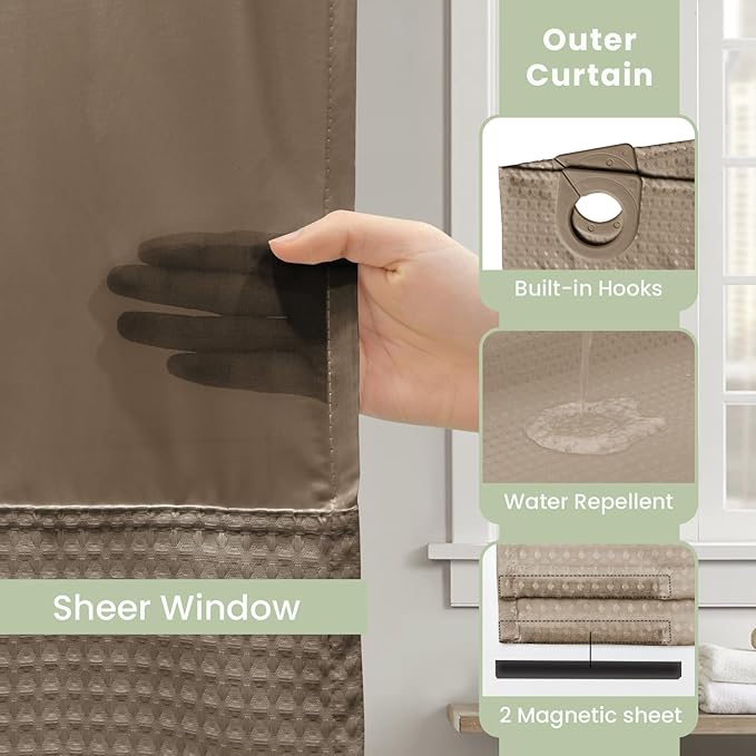 Inhousolu Long No Hook Shower Curtain with Snap in Fabric Liner Set Waffle Weave 230GSM Weighted Hem, Waterproof & Washable Bathroom Curtain Spa Luxury with Mesh Top Window 72" W x 78" L Beige