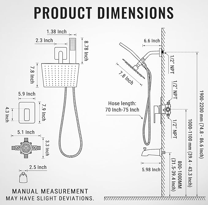 All Metal Shower Faucet Set, Dual Square Shower Head System with Handheld Wand, Diverter, Hose Complete Combo, Pressure Balance Rough-in Valve and Tub Spout Included (Matte Black)