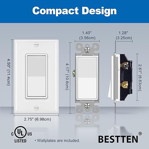 BESTTEN 40 Pack 3-Way Decorator Wall Light Switch, 15A 120V/277V, On/Off Rocker Paddle Wall Switch, Single Pole or Three Way, 3 Wire, w/Wall Plate, Residential and Commercial Grade, UL Listed, White