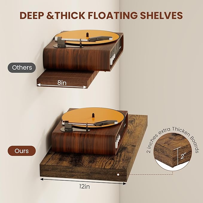 Vivelove 12" Deep Floating Shelves Over Toilet, 24" Wall Shelves for Bathroom Bedroom Kitchen Living Room Laundry Room, Farmhouse Rustic Shelves for Home Decor, 24" X 12" X 2" Set of 2, Rustic Brown