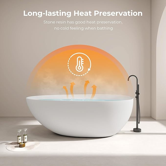 Premium 67'' Solid Surface Freestanding Bathtub, Upgraded Oval Shape Stone Resin Soaking Tub with Drain and Overflow, Matte White