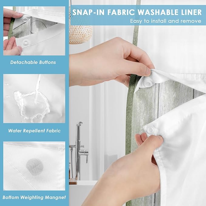 No Hook Daisy and Butterfly Shower Curtain with Snap in Fabric Liner Set, Green Rustic Farmhouse Double Layers Waterproof Fabric with See Through Top Window Open Grommet Bath Curtain 71x74 Inch