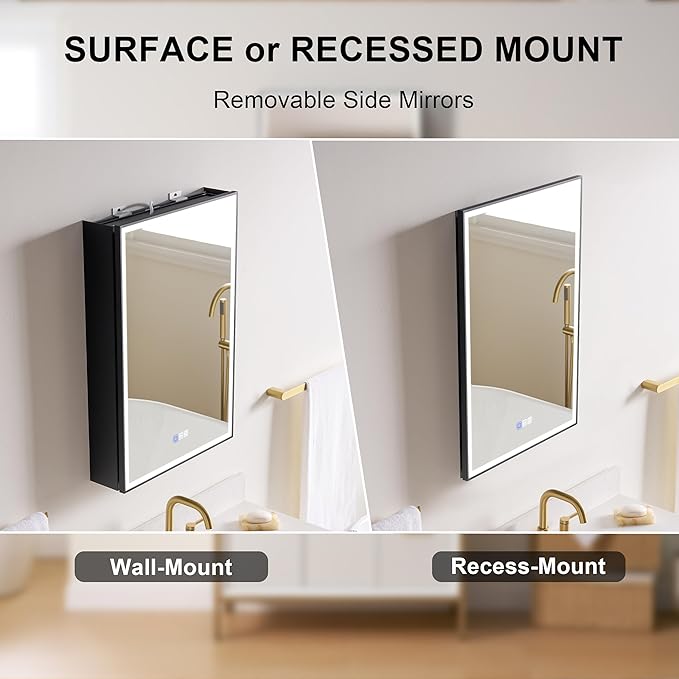 WELLFOR 20" X 30" LED Mirrored Medicine Cabinet, Medicine Cabinets with Lights for Bathroom, Defogging Function Mirror Cabinet, Bathroom Medicine Cabinet with USB Port & Outlet, Right Opening Doors