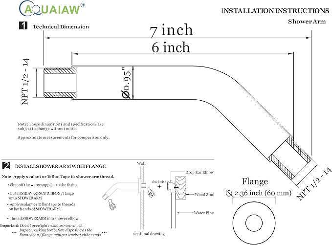Aquaiaw Shower Arm and O-Ring Flange, 6 inch, Solid Brass, Round, Both Soldered 1/2 NPT Tapered Threads, Wall Mount Shower Arm Extension with Escutcheon, for Rain Shower Head (Matte Brushed Gold)