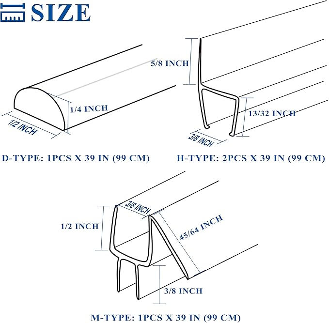 Frameless Shower Door Seal Set, 4 Pack x 39" HDM Glass Shower Door Bottom Seal Side Seal Strip Door Sweep for 3/8" Glass, Ultra-Clear Polycarbonate, Stop Shower Leaks Create A Water Barrier