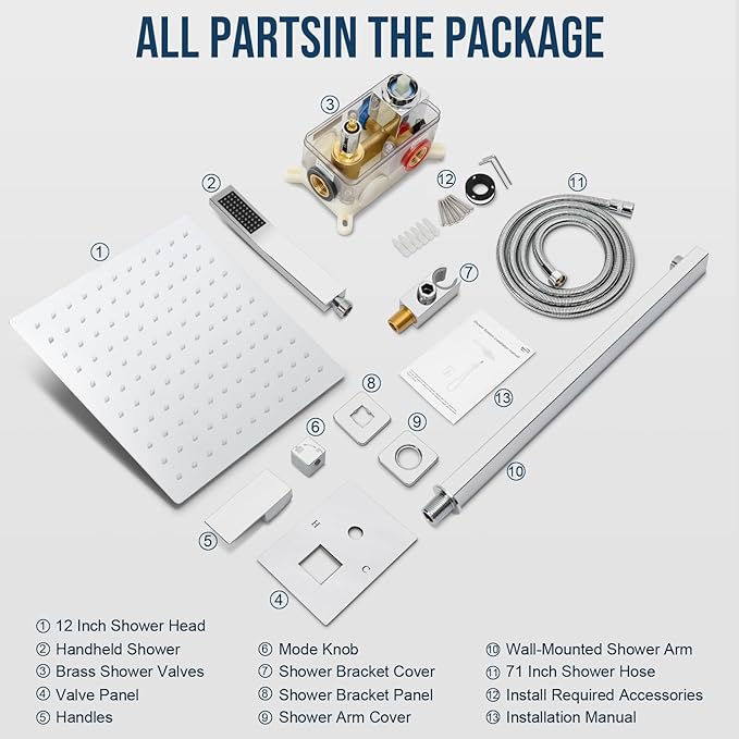 Shower Faucet Set Bathroom Square Rain Shower Head and Handle Set, Wall Mounted Shower Fixtures With Shower Valve and Trim Kit 12 inch Polished Chrom