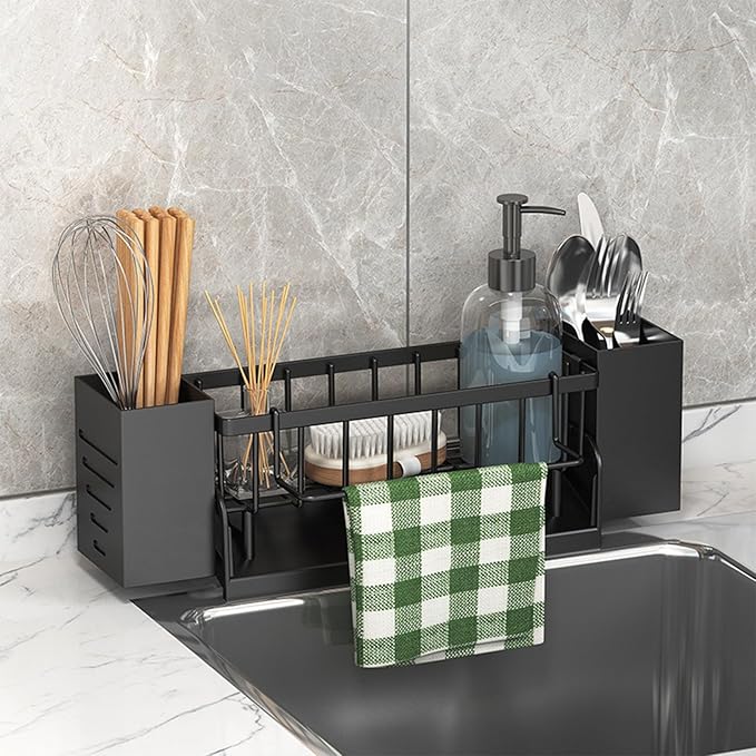 Kitchen Sink Caddy Organizer, Sponge Holder for Kitchen Sink with Drain Tray, 3 Compartments Utensil Drying Rack, Kitchen Utensils Holder with Towel Bar, Kitchen Countertop Organizers