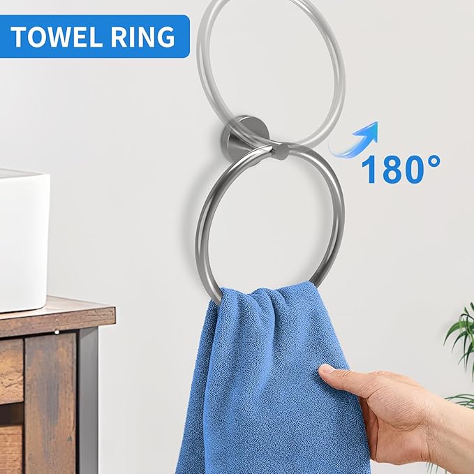 Brushed Nickel Bathroom Accessories, Bathroom Hardware Set, SUS304 Stainless Steel Bathroom Towel Holder Set, 24 Inch Towel Bar Set 5 Pcs, 2 Towel Hooks, Toilet Paper Holder, Towel Ring