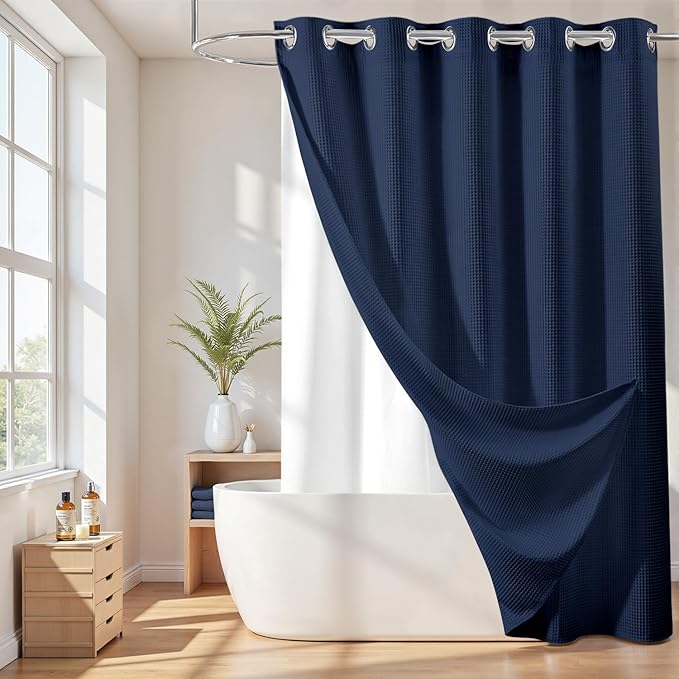 River Dream Hotel Grade No Hooks Needed Shower Curtain with Snap in Liner,Water Repellent, Machine Washable (Navy Blue, 71"x86"(W/Liner))