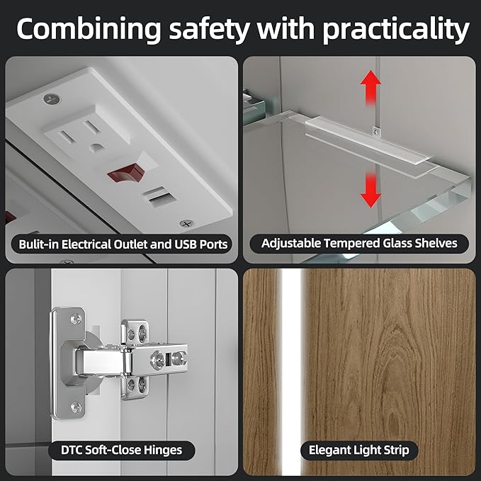 Medicine Cabinet with LED Lights and Mirror, 24 x 30 Inch Surface or Recessed Mounted Bathroom Cabinets with Door, Defogger, Memory Function, 3-Color Mode, Outlet&USB, Dimmer, Storage Shelf