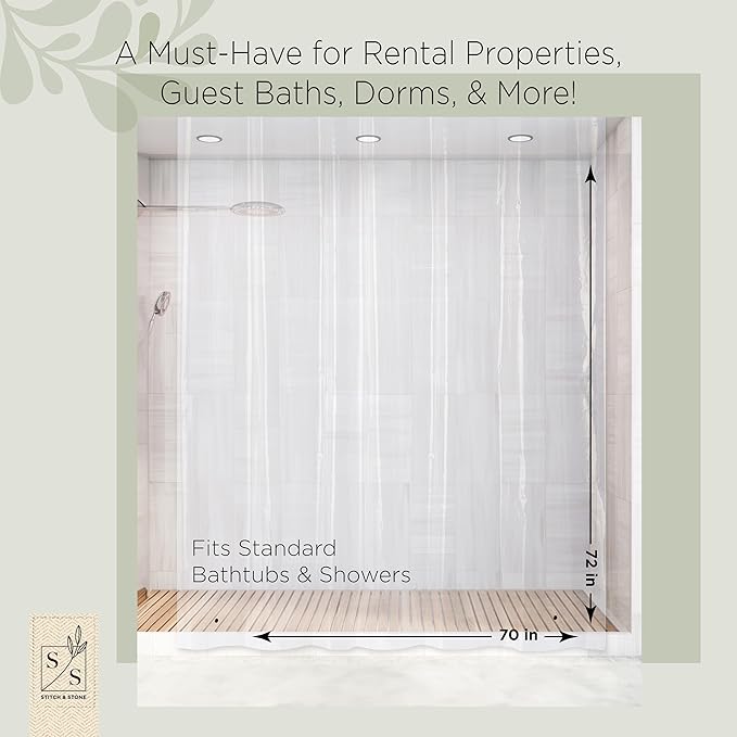 Stitch & Stone Shower Curtain Liner, Premium Lightweight Durable Waterproof 4g PEVA for Bathroom with Weighted Magnets, Standard Size 70" x 72" Clear 1 Pack