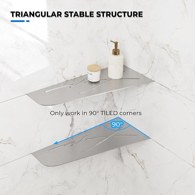 FerdY 2-Pack 12" Brushed Nickel Recessed Corner Shower Shelf, for Tiled Bathroom Walls, 304 Stainless Steel Floating Shower Shelf, Shower Caddy Storage Shelves, No Drilling Required, Trapezoidal