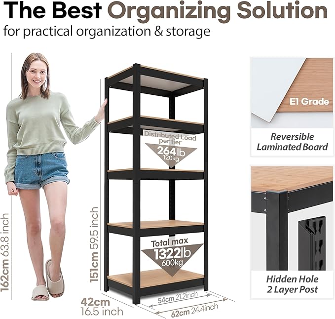 HOMEDANT House 5 Tier Laminated Metal Shelving Unit Adjustable Storage Utility Rack Heavy Duty Shelves Organization Multipurpose Shelf Kitchen Garage Pantry Closet (4, (S) 24.4" W, Black)