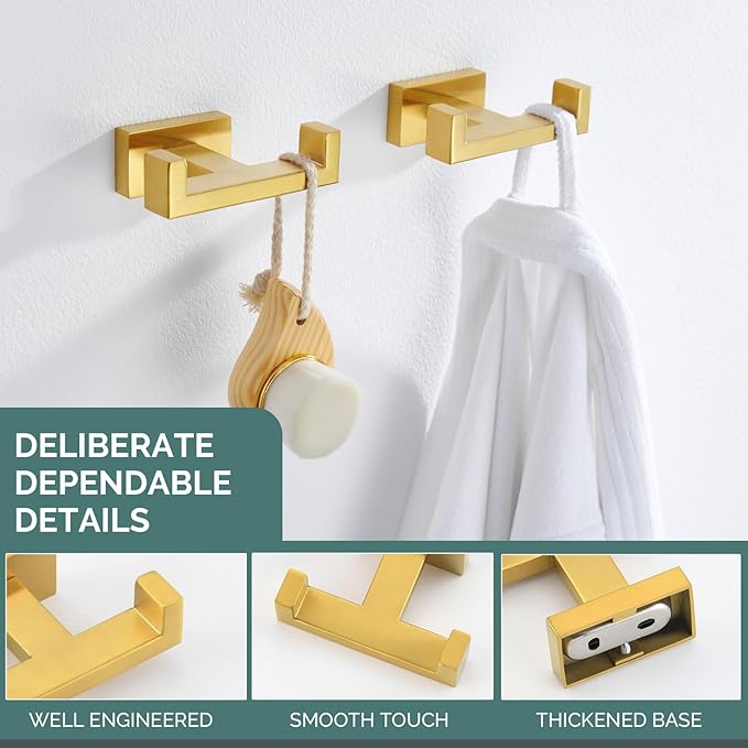 Angle Simple Double Towel Hook Brassy Gold 2 PCS, SUS304 Stainless Steel Bathroom Hand Towel Holder, Double Robe Hook for Wall
