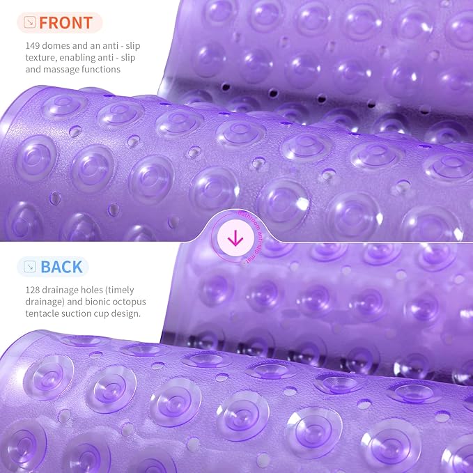 Anti-Slip Bathtub Shower mat, 27.5×14.5（Approximately 70×37cm） inch Soft Oversized Machine Washable Non-Slip Bathtub mat with Drainage Holes, Bathroom Floor Suction Cup.（1- Clear Purple）
