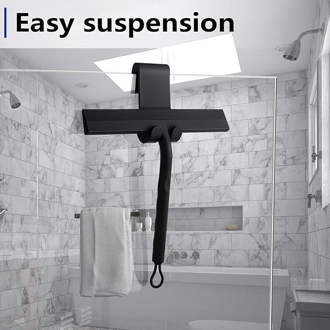 Shower Squeegee for Glass Doors and Bathroom, Stainless Steel with Silicone Blade, Window and Mirror Cleaner with No-Drill Hook, Streak-Free Cleaning Tool