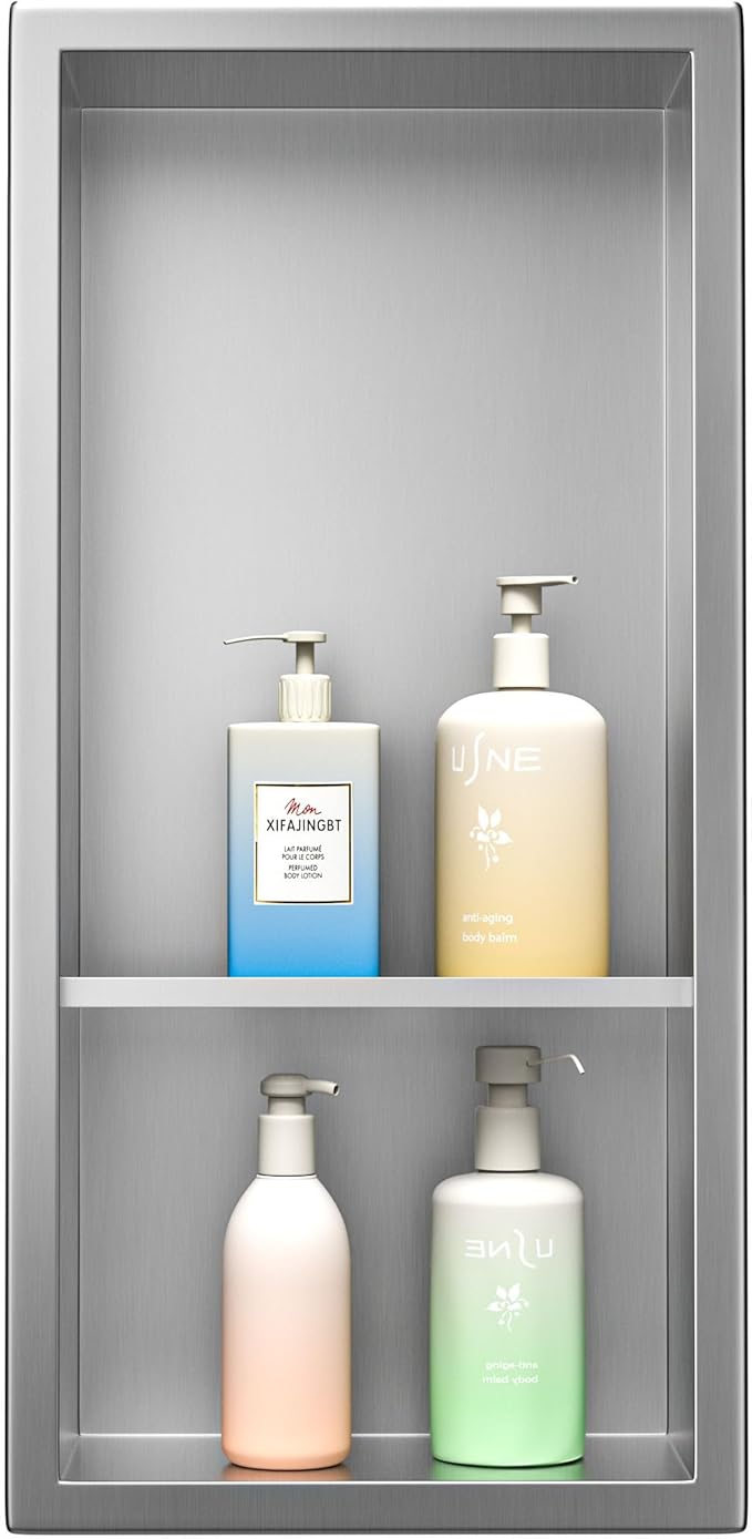Stainless Steel Shower Niche 18"× 8" Brushed with 2- Tier Shelf No Tiled Needed Niche Shower for Wall Recessed Shower Shelf for Bathroom Storage