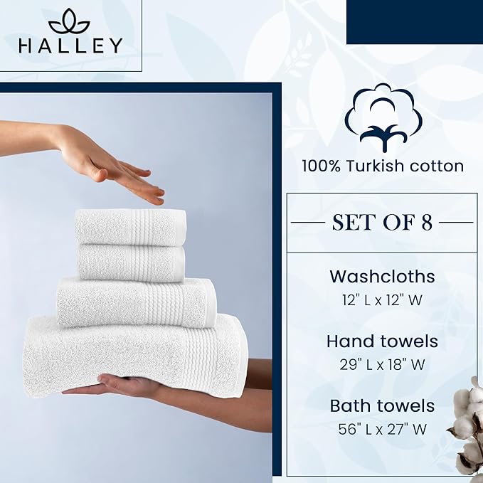 HALLEY Turkish Cotton Towels (Set of 8) 2 Bath Towels 2 Hand Towels 4 Washcloths, Super Soft Highly Absorbent 100% Cotton Towels for Bathroom and Kitchen for Mother’s Day (White)