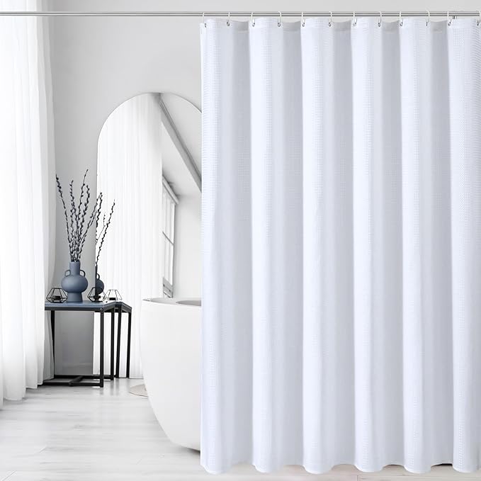 Gibelle Extra Long Shower Curtain 72 x 84, Tall Waffle Weave Textured Fabric Shower Curtain for Bathroom, Water Repellent, Machine Washable, White