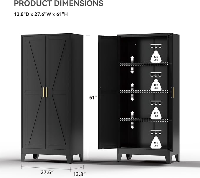 61" Tall Metal Kitchen Pantry Storage Cabinet with Double Doors & 3 Adjustable Shelves, Freestanding Cupboard for Kitchen, Dining Room, Bathroom, Black