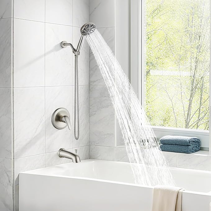 gotonovo Bathroom Shower Head Kit High Pressure Combo System Shower Faucet 6 Modes ABS Handheld Spray Shower Trim Kit Valve Included Shower Head and Handle Set Brushed Nickel