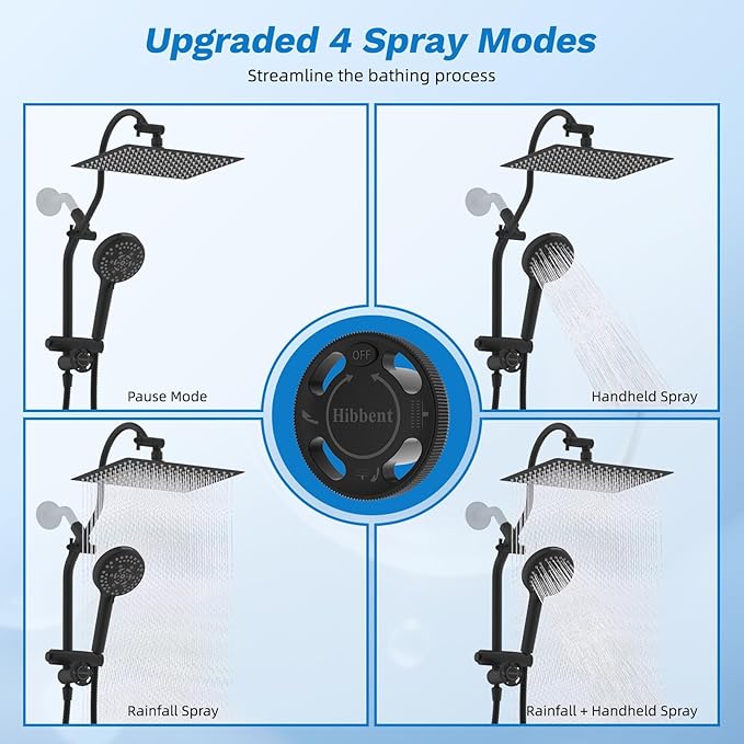 Hibbent cUPC Certified All Metal 12" Rainfall Showerhead Combo, High Pressure Shower Head with 10-Sprays Handheld, Innovative 4-way Diverter with Pause Mode, 71'' Shower Hose and Holder, Matte Black