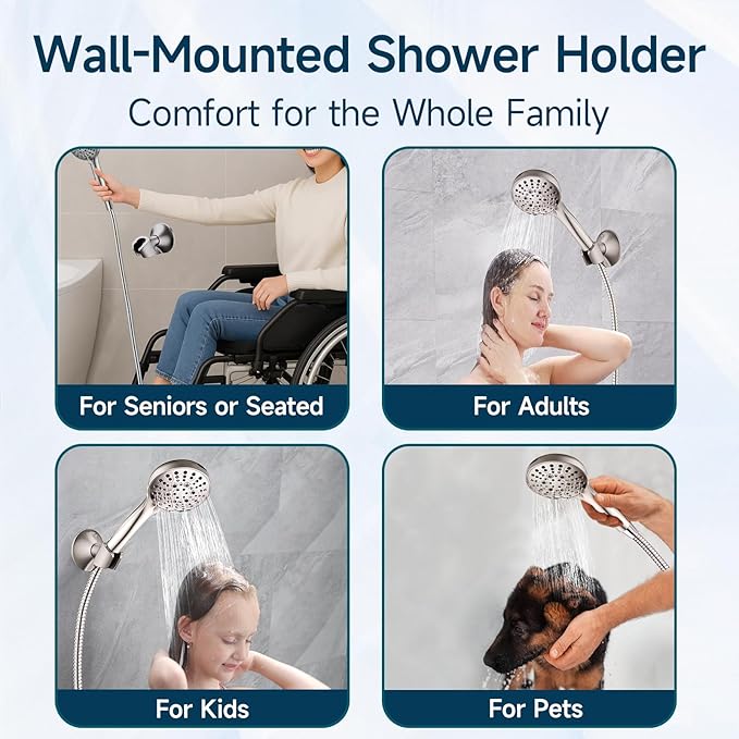 BRIGHT SHOWERS Strong Adhesive Shower Head Holder with Dual Angle Adjustable, Wall Mounted Handheld Shower Bracket, Easy Installation, Screw Mounting Options, Brushed Nickel