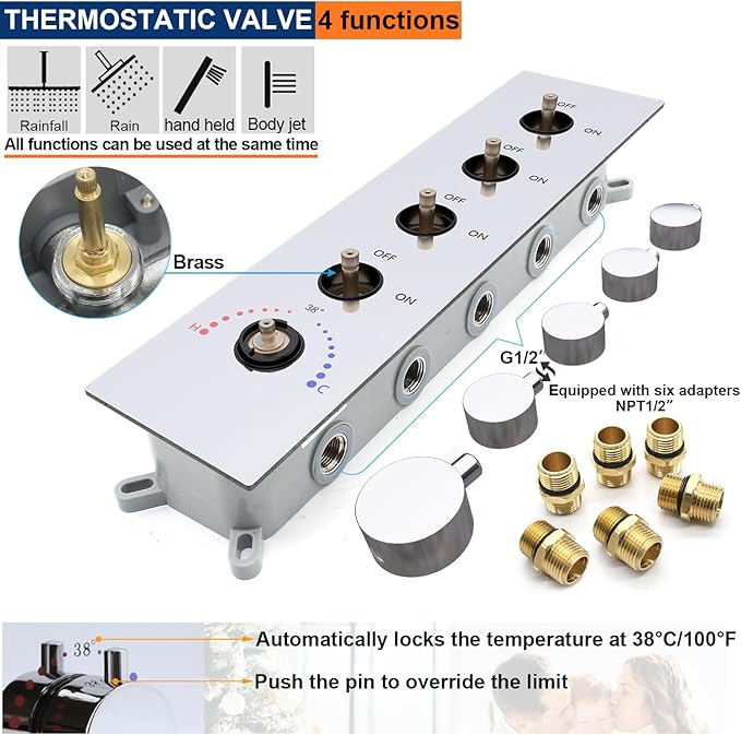 Multi Full Body Thermostatic Luxury Spa Shower System And 14x20 Inch LED 4 Functions Faucet Set, Rainfall Spray Waterfall Can Be Turned On Simultaneously,Polished Chrome
