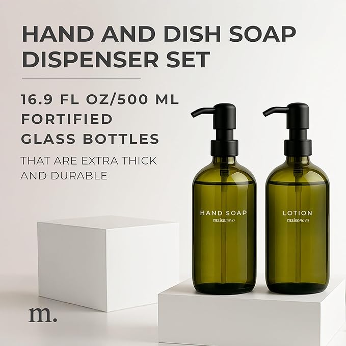 MaisoNovo Soap Dispenser 2-Piece Set | 16.9oz Green Bottles with Black Stainless Steel Pumps