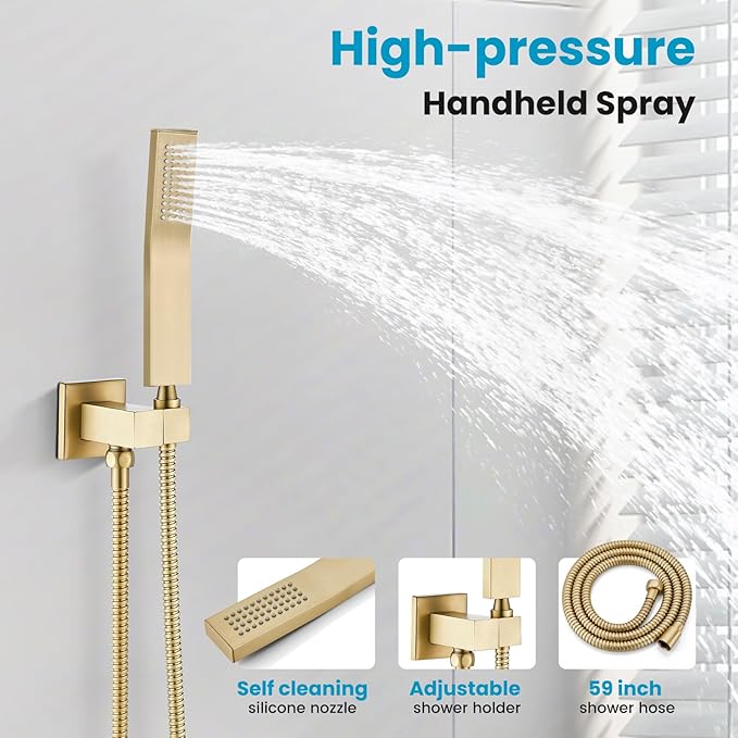 gotonovo Rainfall Bathroom Shower System Rain Shower Head and Handle Set Wall Mounted Shower Complete Combo Solid Brass Pressure Balancing Shower Mixer Valve 8 Inch Brushed Gold