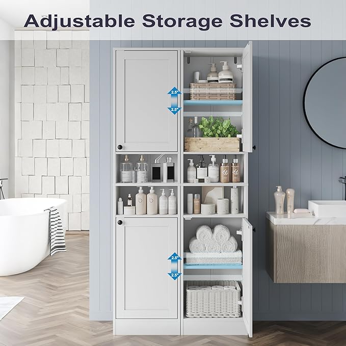 67" Tall Bathroom Cabinet with 2 Doors, Narrow Freestanding Floor Cabinet, Slim Storage Unit with Adjustable Shelves for Bathroom, Living Room, Entryway, Kitchen, White