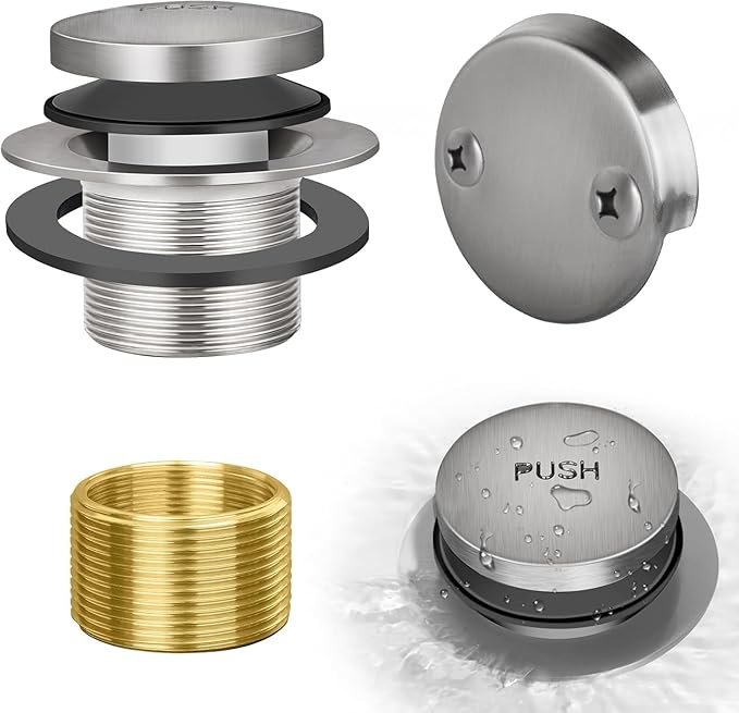 Tip-Toe Bathtub Drain Kit with Two-Hole Overflow Plate, Premium Quality Bath Tub Drain Replacement, Universal Fine/Coarse Thread Bathtub Stopper (Brushed Nickel)
