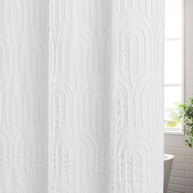 ROSERY No Hook Shower Curtain with Snap in Fabric Liner Set, Boho Farmhouse Jacquard Tufted Geometric Striped Shower Curtain for Bathroom with See Through Window, Arch Pattern, 71" W x 74" L