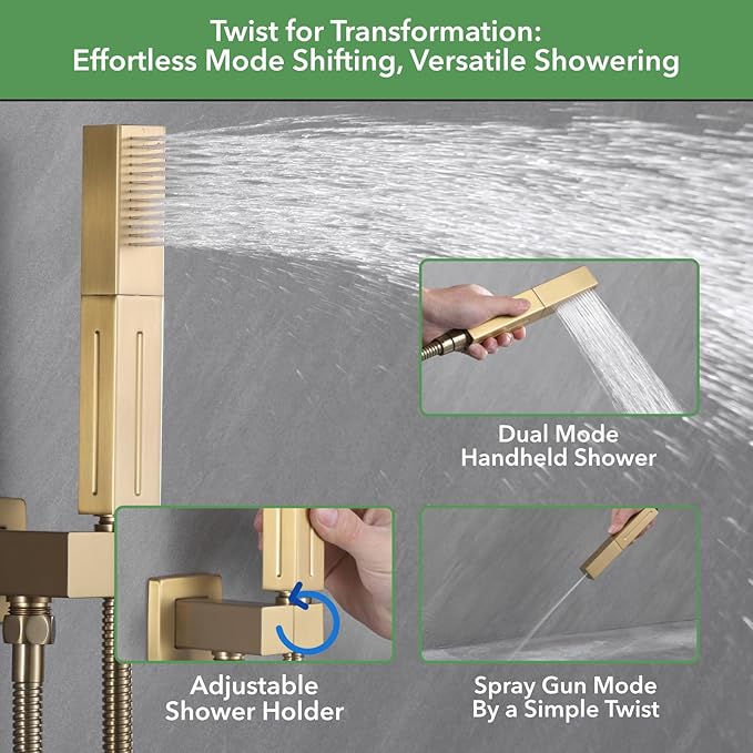 VANFOXLE Shower Faucet Set Brushed Gold Shower System,Push Button Diverter Shower Faucet with 2 in 1 Handheld,Ceiling Mount 10 Inch Shower Head with 6 Inch Wall Mount Shower Head