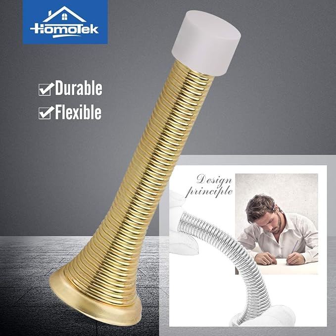 HOMOTEK 1 Pack Spring Door Stopper with Rubber Bumper 3-1/8" Flexible Spring Heavy Duty Wall Door Stop Low Mounted Door Bumper for Home (Bright Brass)