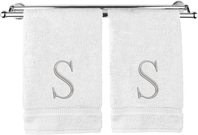 Monogrammed Hand Towel, Personalized Initial Gift, Extra Absorbent 100% Turkish Cotton - Soft Terry Finish - Set of 2 - Silver Block Initial S - Embroidered on White Towels