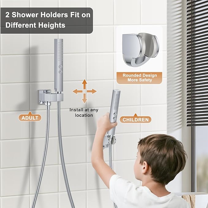 Chrome Shower Faucet Set, Ceiling Mount Shower System 12" & 6" Dual Shower Head Set with 2 in 1 Handheld Spray Rain Shower Head Sets with Rough-in Valve and Shower Trim Kit, Polished Chrome