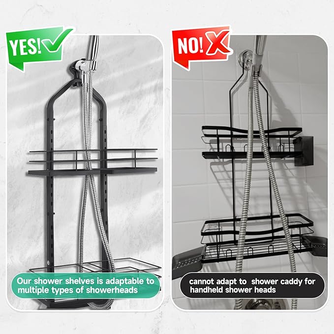 Shower Caddy Hanging for Handheld Showerheads Adjustable Height Extra Long Bathroom Storage Organizer Hanger Rack Rustproof Hose Shower Organizer 4 Levels Height Shower Rack（Black