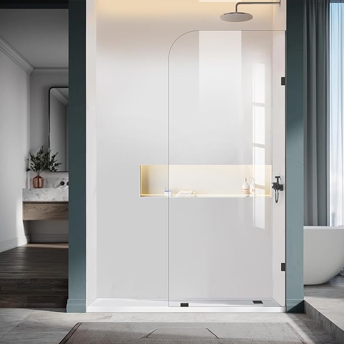 30" W ×78" H Shower Glass Panel, Frameless Fixed Glass Shower Panel with Clamps, 3/8"(10mm) Thick Clear Tempered Glass Shower Door, Bathroom Shower Screen in Matte Black