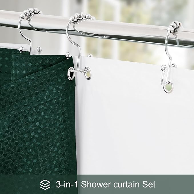 3 in 1 Stall Half Size Dark Green Shower Curtain Set-36 W x 72 H, Modern Waffle Waterproof Fabric and PEVA Liner Set with Stainless Steel Hooks
