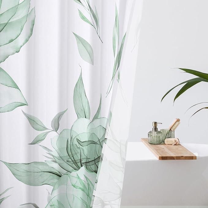 Long Boho Watercolor Floral Shower Curtain 72 x 78, Green and Grey Ink Painting Style Flower Shower Curtains for Chic Elegant Bathroom, Artistic 78 Inch Long Fabric Shower Curtain