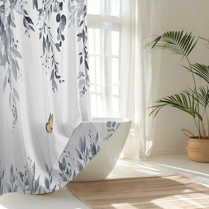 No Hook Shower Curtain and Liner Set, Blue Grey Eucalyptus Floral Shower Curtains for Bathroom, Bath Curtain Sets with Snap in Liner, Waterproof with See Through Top Window, 71x84 Inches