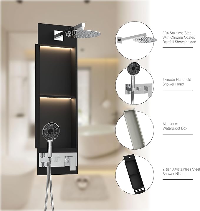 Shower Niche System w/LED Lights, Bathroom Shower System w/ 304 Stainless Steel Wall Niche