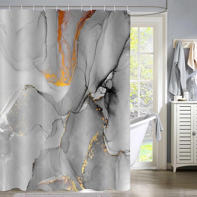 Gibelle Abstract Marble Shower Curtain, Grey Jade Texture Gold Stripes Ombre Watercolor Paint, Modern Ink Art Decor Waterproof Fabric Curtain for Bathroom Set, 71x71