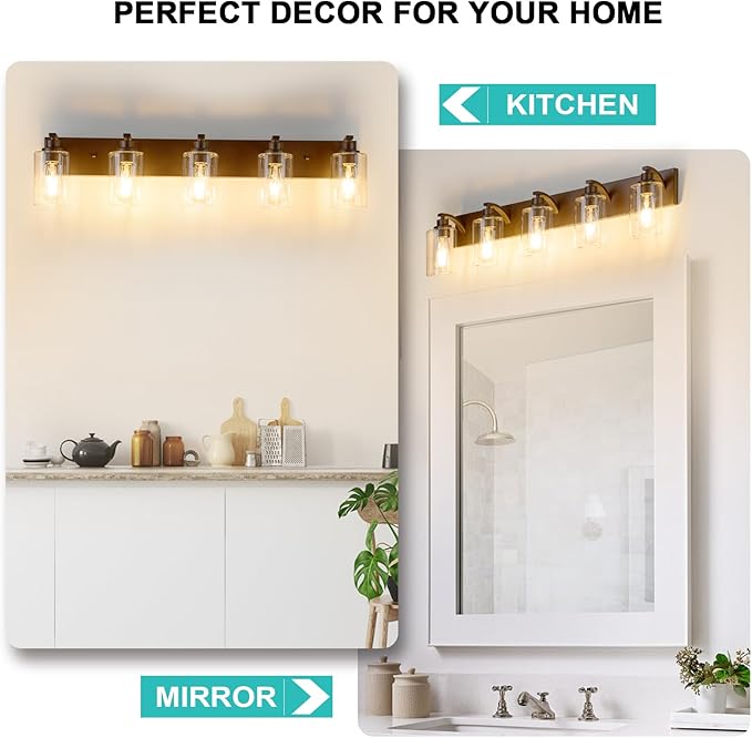 5-Light Bathroom Light Fixtures Modern ORB Vanity Lights for Bathroom Lighting Fixtures Over Mirror with Clear Glass Shade for Cabinet Mirror Bedroom Hallway