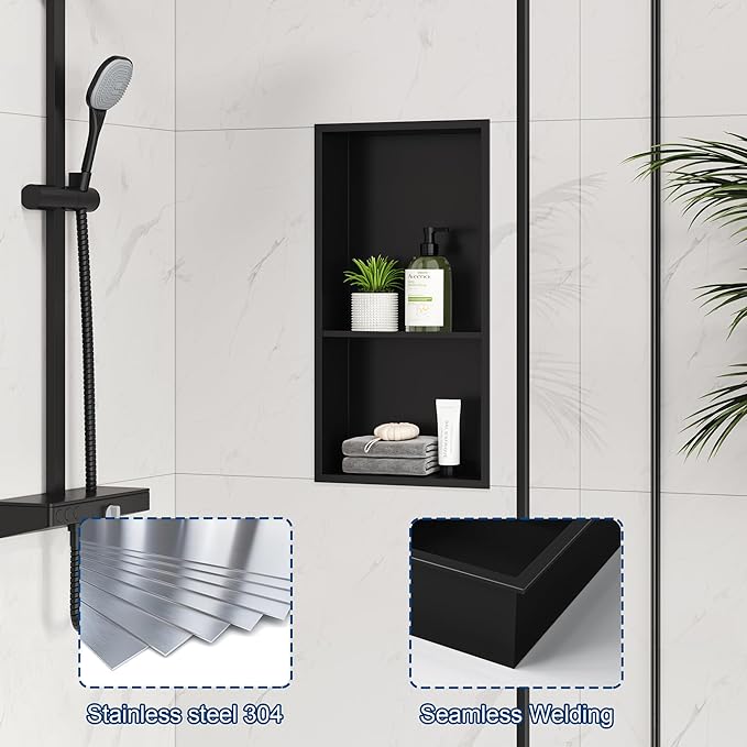 Neodrain No Tile Shower Niche, Stainless Steel Wall Cabinet 25.1"X13.1"(Inner Size 24"X12"), Two-Tier Bathroom Shelf, NO Tile Needed Recessed Niche Shower for Bathroom Storage, Matte Black